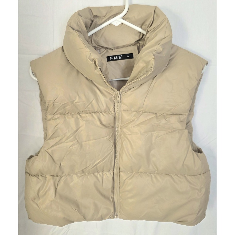 Women's Cropped Beige Puffer Vest Medium Zip-Up With Adjustable Hem